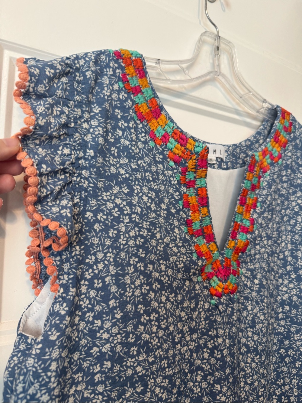 THML Blue Floral Embroidered Pom Pom Boho Dress XL - Picture 2 of 5